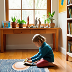 **Natural Learning Corner:** A cozy, inviting corner in a living room. Sunlight streaming in. Bookshelves filled with colorful books and nature encyclopedias. Art supplies (paints, crayons, clay) neatly arranged. Natural objects like smooth river stones, seashells, and potted plants are displayed. A child is curiously examining a seashell. The overall feeling is one of warmth, curiosity, and accessibility. Focus on natural light and textures.