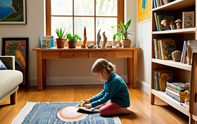 **Natural Learning Corner:** A cozy, inviting corner in a living room. Sunlight streaming in. Bookshelves filled with colorful books and nature encyclopedias. Art supplies (paints, crayons, clay) neatly arranged. Natural objects like smooth river stones, seashells, and potted plants are displayed. A child is curiously examining a seashell. The overall feeling is one of warmth, curiosity, and accessibility. Focus on natural light and textures.